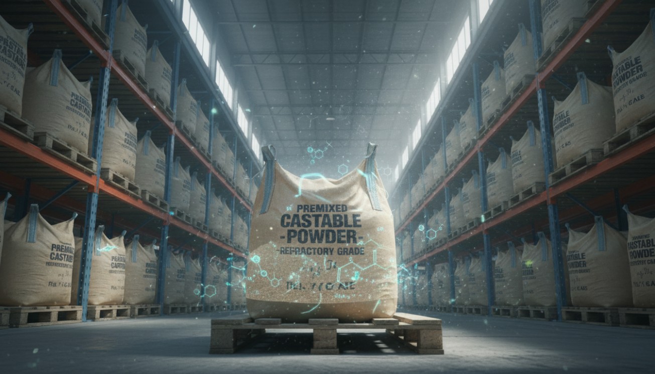 Sealed bulk bags of premixed refractory castable stored on pallets in a dry industrial warehouse